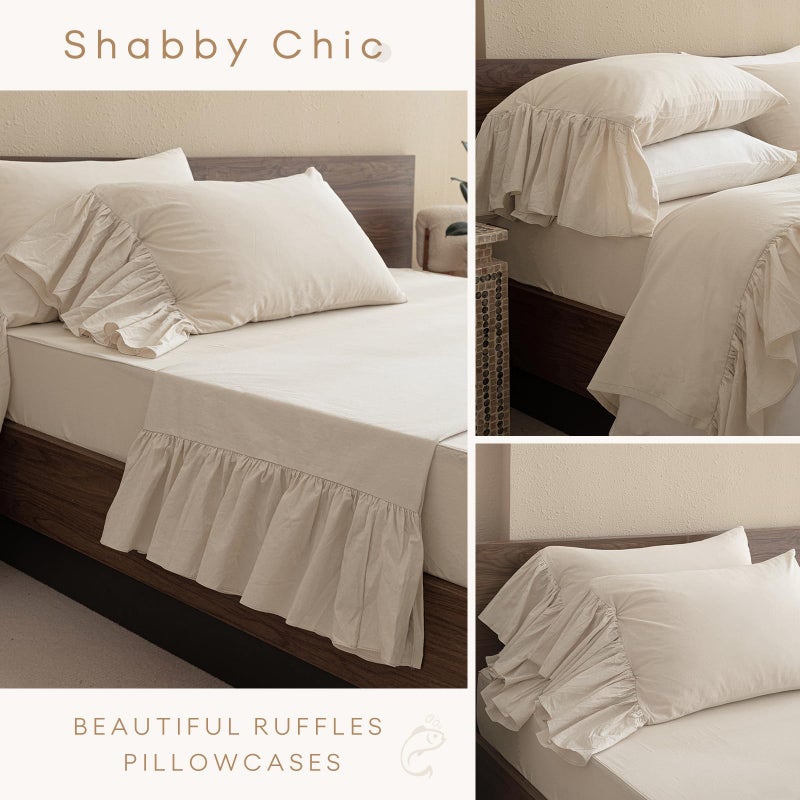 QSH 100% Cotton Queen Sheet Set, Ruffle Bed Sheets Wheat Farmhouse Shabby Vintage Chic Bedding 3 Pieces Aesthetic French Country Queen Bed Set Soft Breathable - Image 5