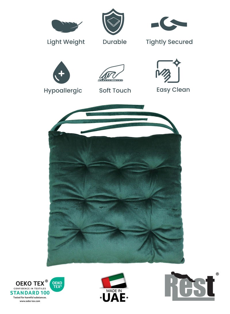 ريست REST Pack of 4 Velvet Soft Chair Pad with Seat Ties Suitable for Garden , Kitchen and Office Chairs Indoor and Outdoor  Green 40x40cm - Image 5