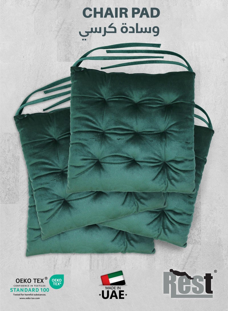 ريست REST Pack of 4 Velvet Soft Chair Pad with Seat Ties Suitable for Garden , Kitchen and Office Chairs Indoor and Outdoor  Green 40x40cm - Image 1