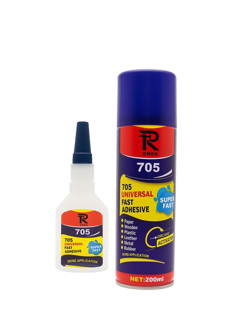 Eman 705 Universal Fast Adhesive 50g with Activator Spray 200ml Super Glue Strong Instant Bond for Wood Plastic Metal Rubber Leather Paper DIY Crafts Repair Home Workshop - Image 1