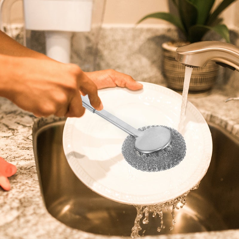 Stainless Steel Wool Scrubber With Handle Heavy Duty Dish Scrubber Steel Brush For Cleaning Pots Pans Grills Sink Kitchen Cleaning Tool - Image 5