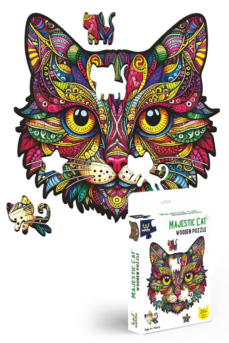 Webby Cat Jigsaw Puzzle | Majestic Colourful Animal | Travel Game | Zentangle Art Design Wooden Puzzle Toy for Kids & Adults (25 Pieces) - Image 1