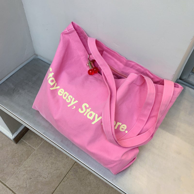 Korean-style Dopamine Color-block Letter Print Canvas Bag Women's Casual Large Capacity Shoulder Bag Summer Tote Bag - Image 5