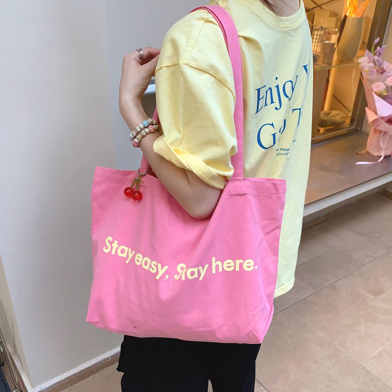 Korean-style Dopamine Color-block Letter Print Canvas Bag Women's Casual Large Capacity Shoulder Bag Summer Tote Bag - Image 1