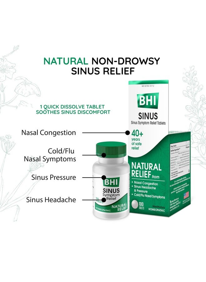 MediNatura - Bhi Sinus Natural Congestion Relief 7 Targeted Homeopathic Active Ingredients Help Relieve Nasal Cold Symptoms, Pain, Pressure & Headache Extra Strength Support For Women & Men - 100 Tablets - Image 1