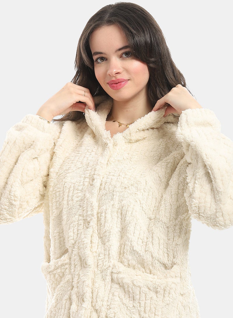 Andora Off White Long Sleeves Textured Velvet Hooded Pajama Set_White - Image 5