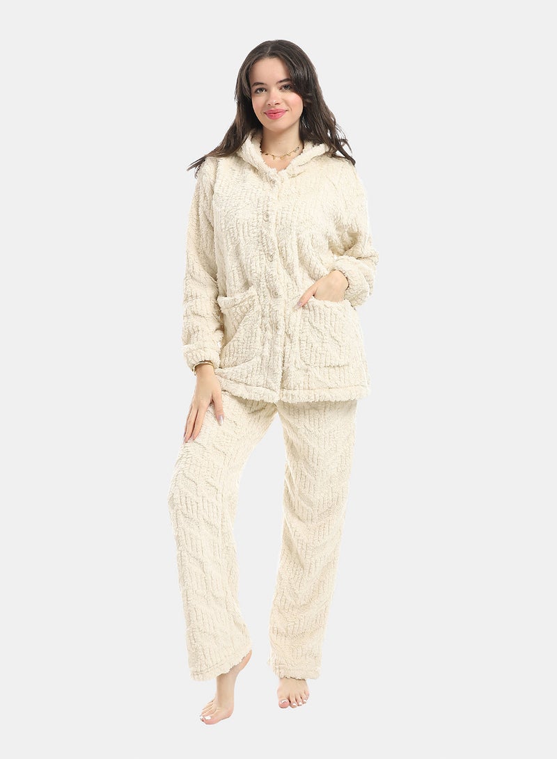 Andora Off White Long Sleeves Textured Velvet Hooded Pajama Set_White - Image 1