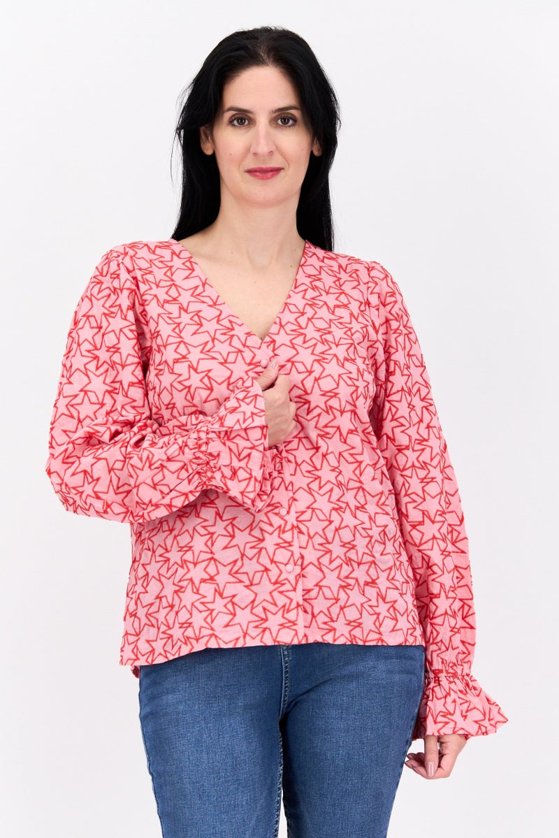 Never fully Dressed Women V-Neck Long Sleeve Embroidered Blouse, Pink - Image 1