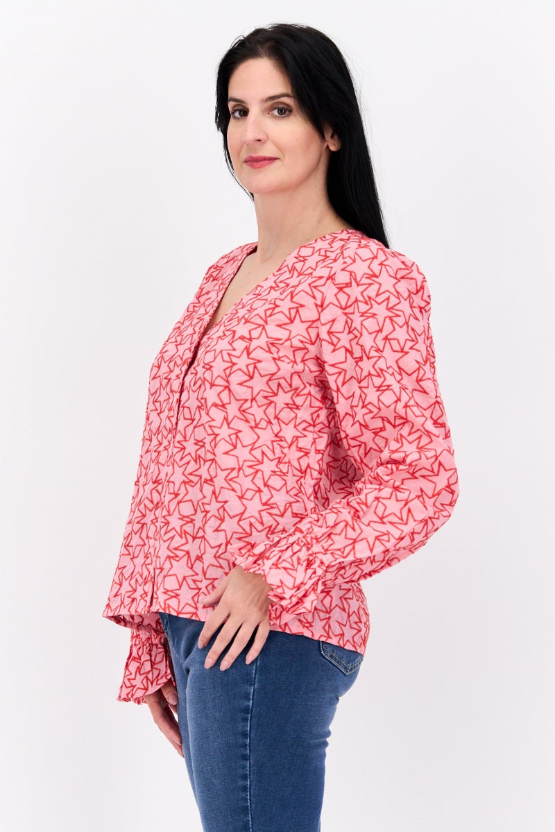 Never fully Dressed Women V-Neck Long Sleeve Embroidered Blouse, Pink - Image 3