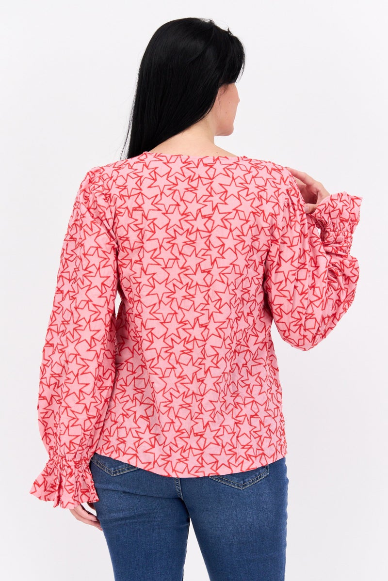 Never fully Dressed Women V-Neck Long Sleeve Embroidered Blouse, Pink - Image 2