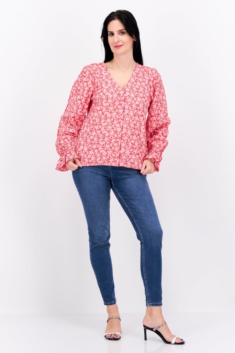Never fully Dressed Women V-Neck Long Sleeve Embroidered Blouse, Pink - Image 4