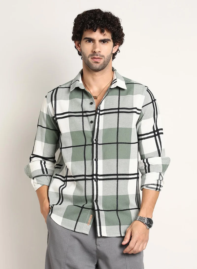 كامبوس سوترا Men's Sage Green Overlap Buffalo Shirt For Casual Wear | Spread Collar | Long Cuffed Sleeves | Button Closure | Shirt Crafted With Comfort Fit For Everyday Wear