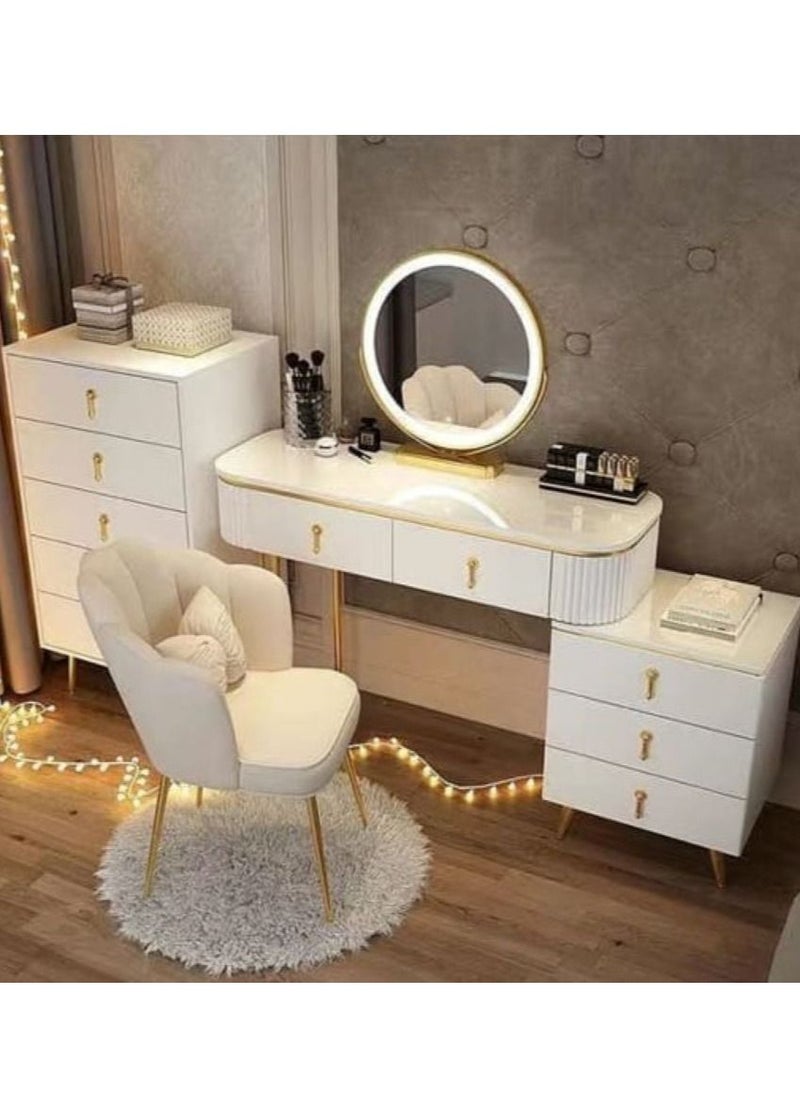 Simple Advanced Solid Wood Dressing Table for Bedroom Makeup Table with Massive Storage Side Table with Drawers Smart Mirror and a Chair.