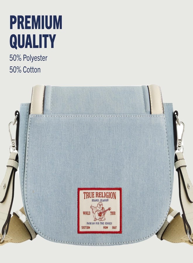 True Religion Saddle Bag, Women's Denim and Faux Leather Crossbody Purse with Adjustable Shoulder Strap, Light Blue, One Size - Image 5