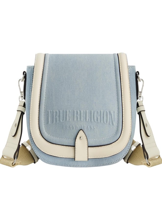 True Religion Saddle Bag, Women's Denim and Faux Leather Crossbody Purse with Adjustable Shoulder Strap, Light Blue, One Size - Image 1
