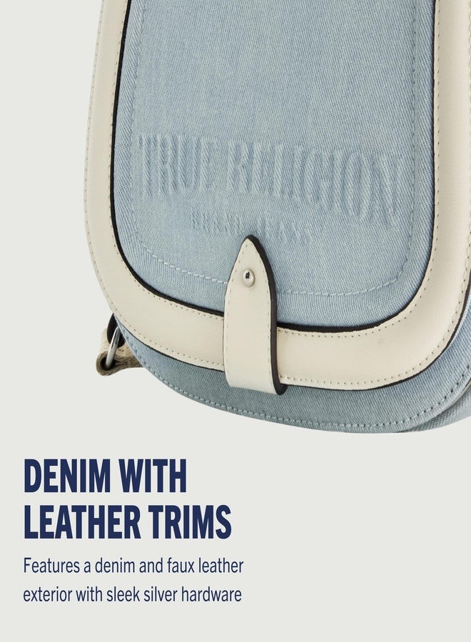 True Religion Saddle Bag, Women's Denim and Faux Leather Crossbody Purse with Adjustable Shoulder Strap, Light Blue, One Size - Image 3