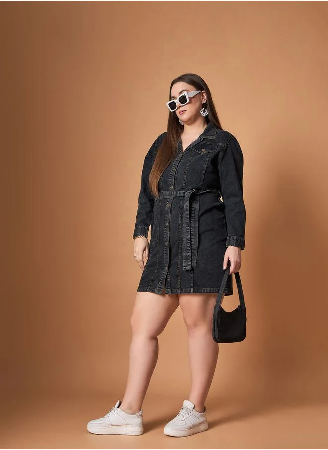 ساسافراس Plus Size Front Button Belted Shirt Mini Dress