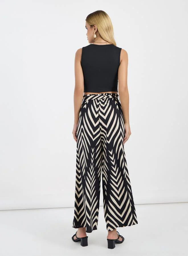 Styli Square Neck Knit Cami Top & Printed Wide Leg Pants Co-Ords