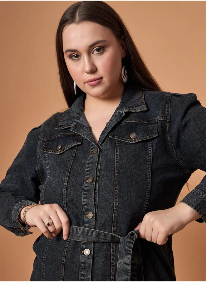 SASSAFRAS Plus Size Front Button Belted Shirt Mini Dress by Styli