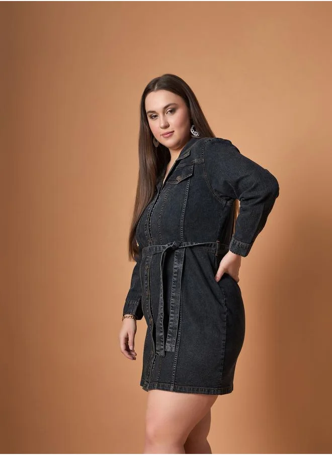 SASSAFRAS Plus Size Front Button Belted Shirt Mini Dress by Styli