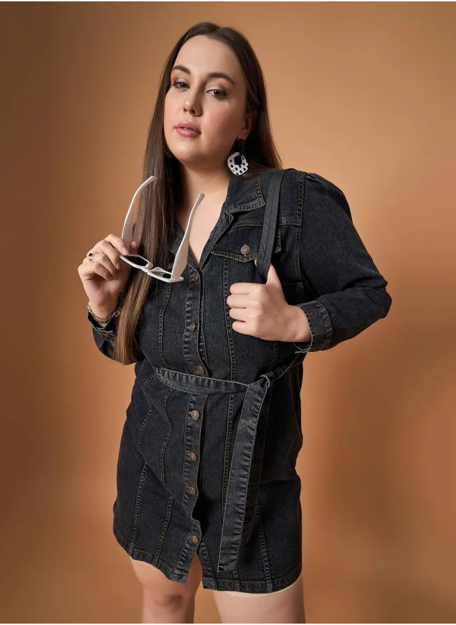 ساسافراس Plus Size Front Button Belted Shirt Mini Dress