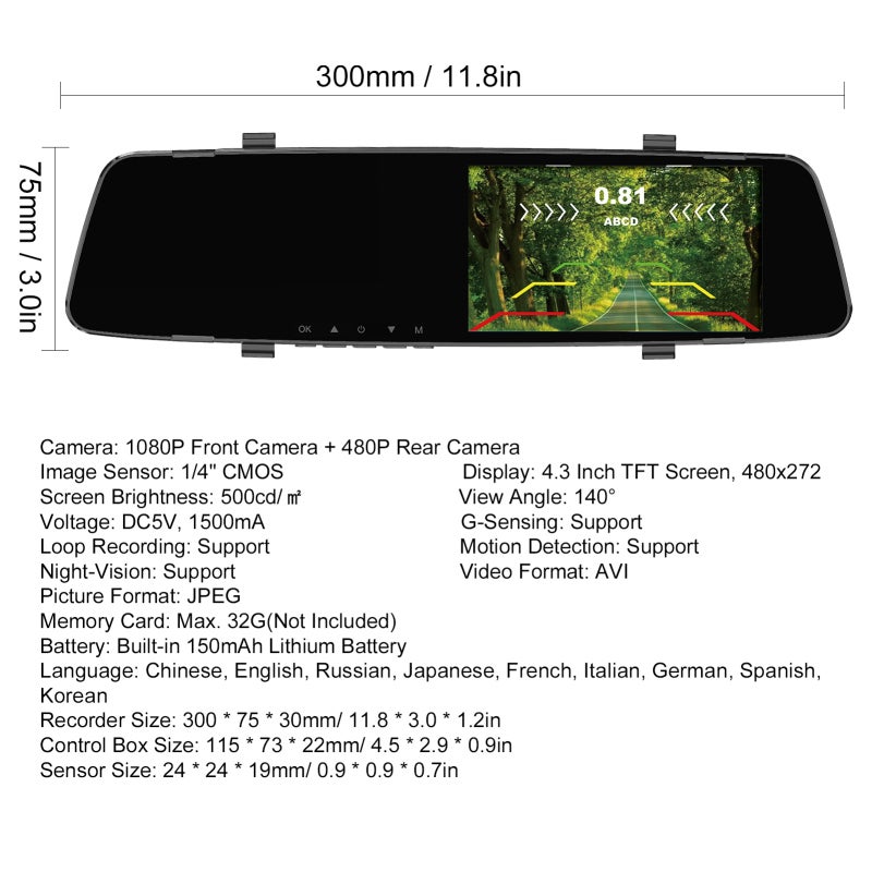 1080P DVR Dash Camera with 4 Parking Sensor Reverse Radars Front & Rear Dual Camera Driving Recorder with 4.3 Inch Screen Support Night-Vision/Motion Detection/Collision Locking/Loop Recording/Reverse Image/Multi-Language - Image 3