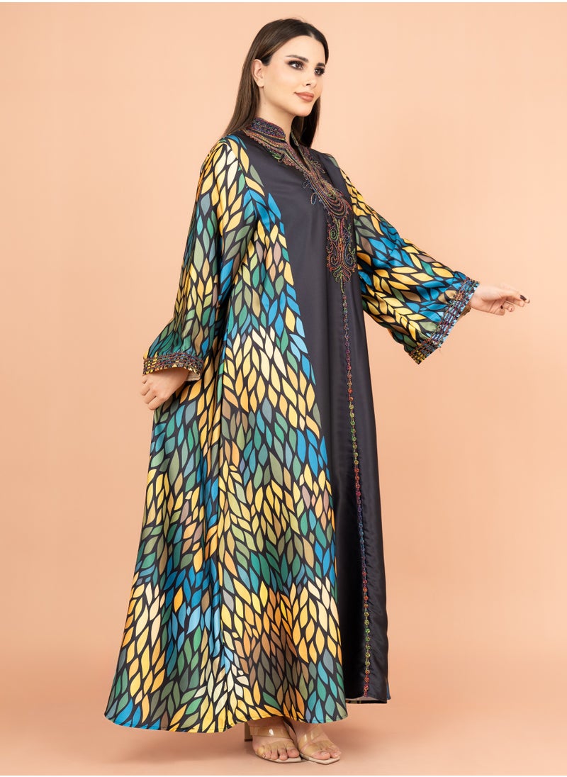 اكسا - جلابية مطرزة عنق اسيوي IK1013 اسود - Image 1