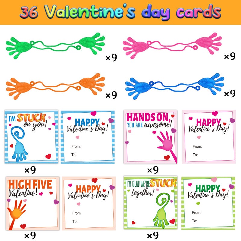 gisgfim 36 Packs Valentines Day Card with Sticky Slap Hands, Slappy Hands Sticky Funny Slap Hands Valentine Classroom Exchange Gifts Cards for Kids Student Stretchy Fingers for Valentine's Party Favor - Image 3