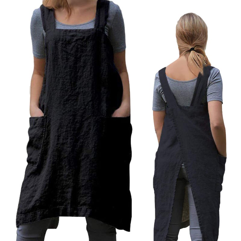 ZQFFB Pinafore Cross Back Apron for Women with Pockets Japanese Smock for Work Gardening Cooking Painting Baking - Image 1