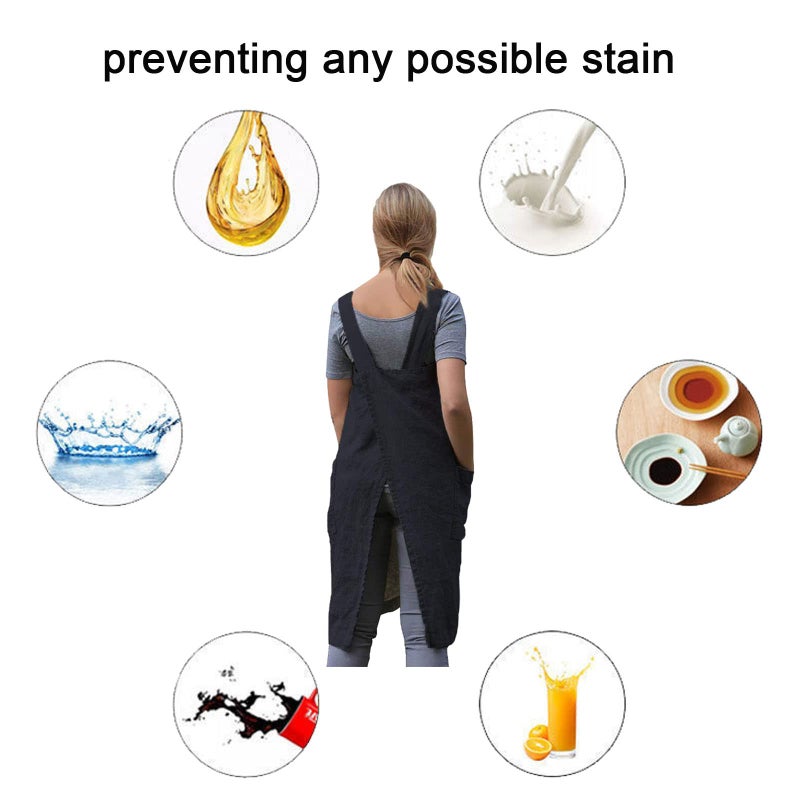 ZQFFB Pinafore Cross Back Apron for Women with Pockets Japanese Smock for Work Gardening Cooking Painting Baking - Image 4