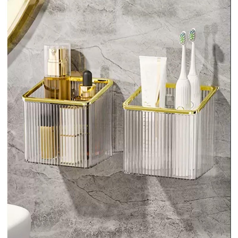 yaocoral Wall Mounted Toothbrush Holder for Bathroom Adhesive Shower Organizer Holder for Tooth BrushElectric ToothbrushToothpasteRazorMakeup BrushCosmeticAdhesive Wall BucketSet of 2Gold