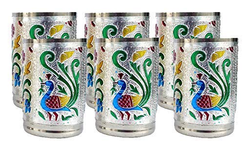 REMANG 6Pcs Stainless Steel Indian Handicrafts Meenakari Work Peacock Design Silver Color Water Tumbler Gift Set Sharbat Glass Set - Image 1