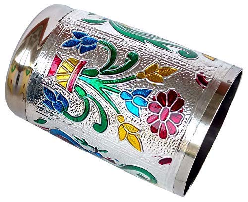 REMANG 6Pcs Stainless Steel Indian Handicrafts Meenakari Work Peacock Design Silver Color Water Tumbler Gift Set Sharbat Glass Set - Image 3