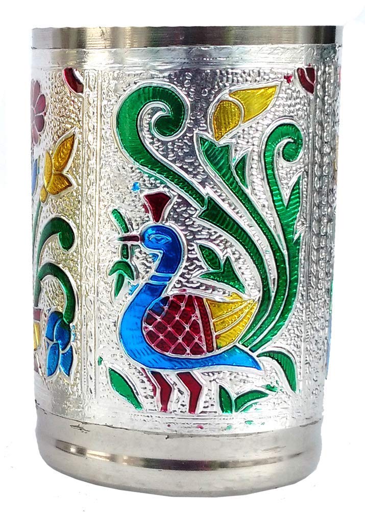 REMANG 6Pcs Stainless Steel Indian Handicrafts Meenakari Work Peacock Design Silver Color Water Tumbler Gift Set Sharbat Glass Set - Image 2