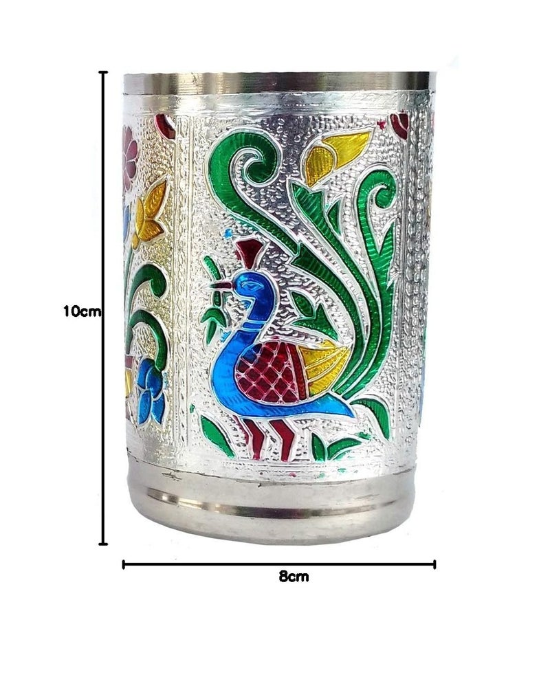 REMANG 6Pcs Stainless Steel Indian Handicrafts Meenakari Work Peacock Design Silver Color Water Tumbler Gift Set Sharbat Glass Set - Image 5