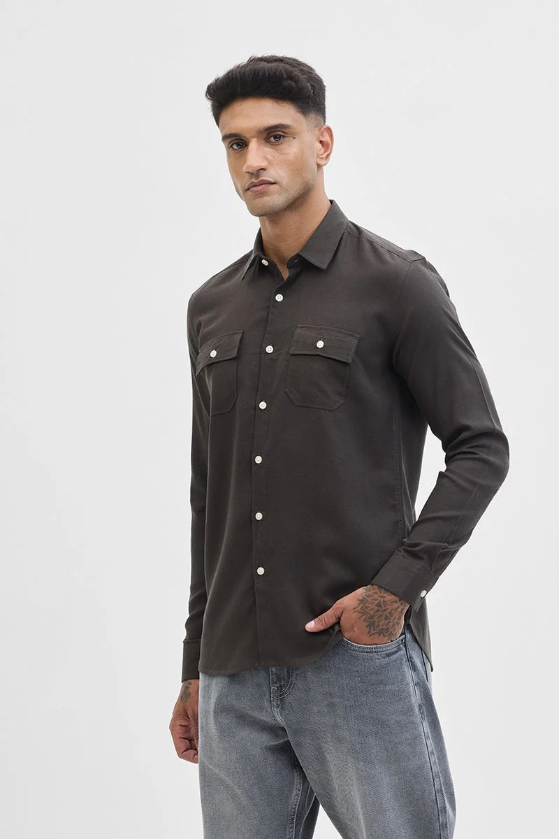 SNITCH Dark Brown Solid Long Sleeve Regular Fit Shirt