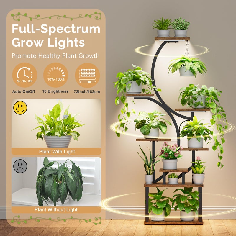 BACEKOLL Plant Stand Indoor with Grow Lights - 62" Tall Plant Shelf, Lighted Corner Plant Stands for Indoor Growing, 8 Tiered Large Flower Holder, S-Shaped Decorative Rack for Living Room, Patent Design, Brown - Image 3