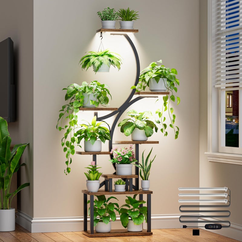 BACEKOLL Plant Stand Indoor with Grow Lights - 62" Tall Plant Shelf, Lighted Corner Plant Stands for Indoor Growing, 8 Tiered Large Flower Holder, S-Shaped Decorative Rack for Living Room, Patent Design, Brown - Image 1