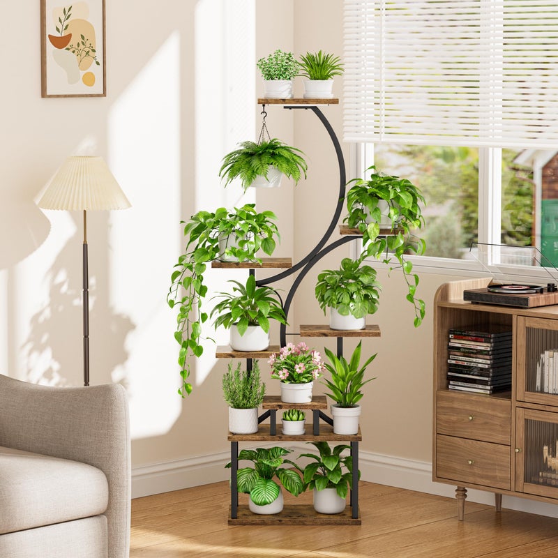 BACEKOLL Plant Stand Indoor with Grow Lights - 62" Tall Plant Shelf, Lighted Corner Plant Stands for Indoor Growing, 8 Tiered Large Flower Holder, S-Shaped Decorative Rack for Living Room, Patent Design, Brown - Image 4