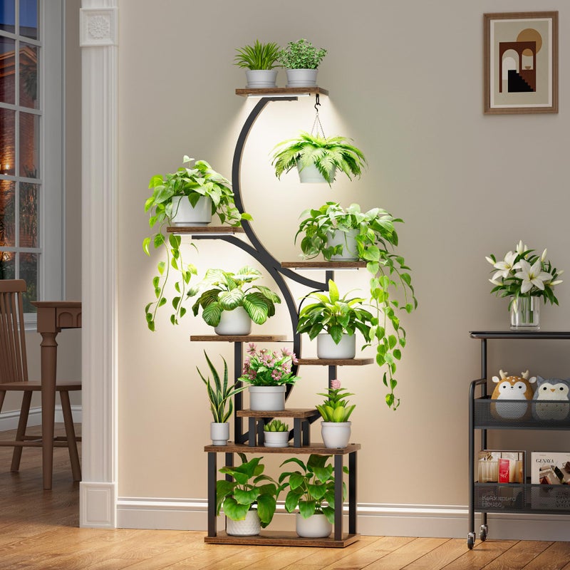 BACEKOLL Plant Stand Indoor with Grow Lights - 62" Tall Plant Shelf, Lighted Corner Plant Stands for Indoor Growing, 8 Tiered Large Flower Holder, S-Shaped Decorative Rack for Living Room, Patent Design, Brown - Image 2