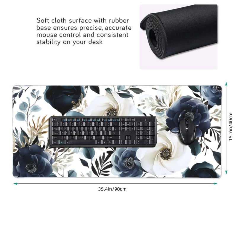 KOBWOPI 35.4 x 15.7 in, XXL Large Mouse Pad for Desk, Extended Keyboard Mouse Mat for Computer Office, Big Laptop Mouse pad, Gaming Pc-Boho Navy Blue Peony Florals - Image 2
