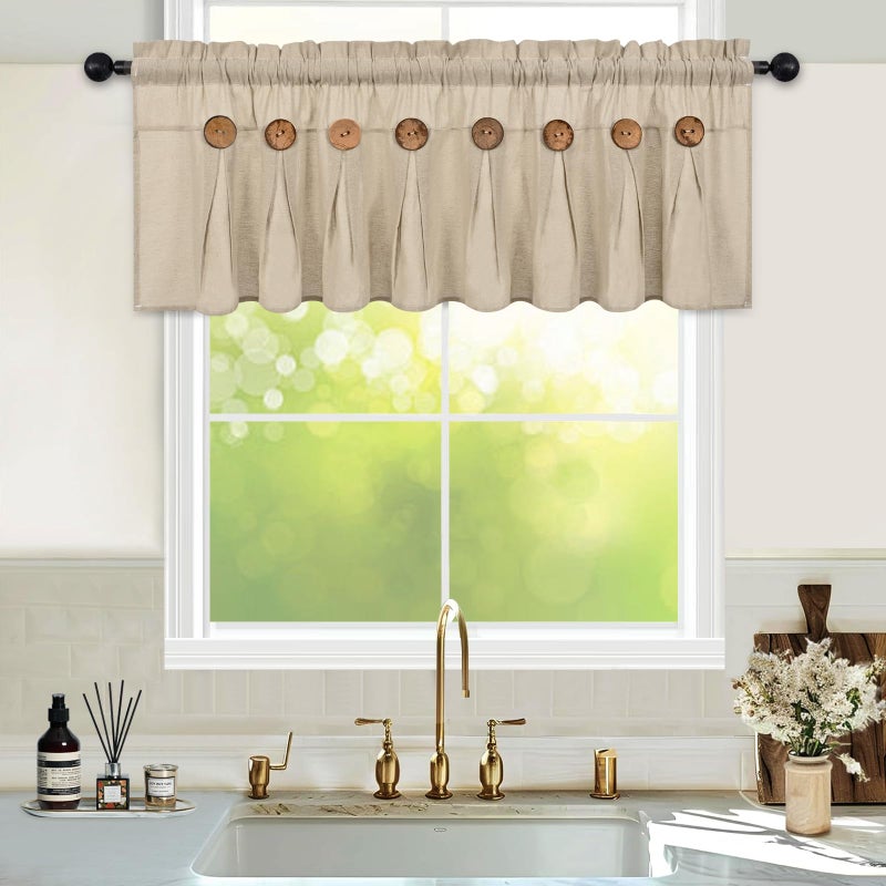FRAMICS Farmhouse Valance Curtains, Boho Cotton Linen Kitchen Valance, Rustic Button Window Valances for Kitchen Bathroom Bedroom, Country Rod Pocket Valances for Windows, Linen Color, 52 x 18 Inch - Image 1
