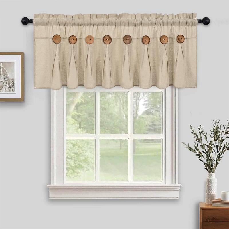 FRAMICS Farmhouse Valance Curtains, Boho Cotton Linen Kitchen Valance, Rustic Button Window Valances for Kitchen Bathroom Bedroom, Country Rod Pocket Valances for Windows, Linen Color, 52 x 18 Inch - Image 2