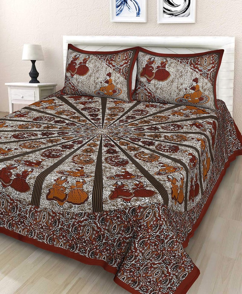 Monique Brand 144 TC 100 Pure Cotton Rajasthani Jaipuri Printed Double Bedsheet Size Bedsheet for Double Bed with 2 Pillow Cover Maroon - Image 1