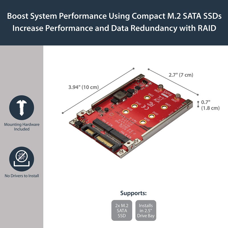StarTech.com M.2 to SATA Adapter - Dual Slot - for 2.5in Drive Bay - RAID - M.2 SSD - M.2 Adapter - M.2 SSD Adapter , TAA (S322M225R) - Image 2