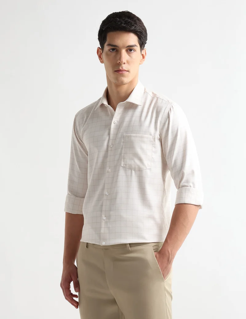 Arrow Beige Textured Graph Checked Auto Press Shirt for Men | Best Price UAE