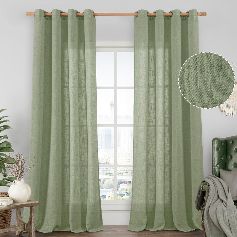 LAMIT Sage Green Linen Sheer Curtains 84 inch for Living Room, Linen Textured Light Filtering Drapes Bronze Grommet Boho Panels for Farmhouse/Living Room, 2 Panels, 52 x 84 Inch - Image 1