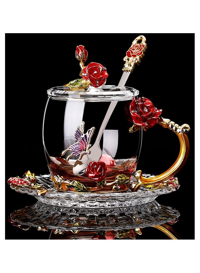 NIBEMINENT Exquisite enamel color carved designs glass cup with lid flower tea cup 330ml  - Image 1