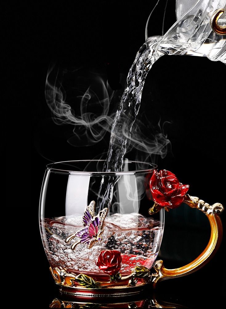 NIBEMINENT Exquisite enamel color carved designs glass cup with lid flower tea cup 330ml  - Image 4