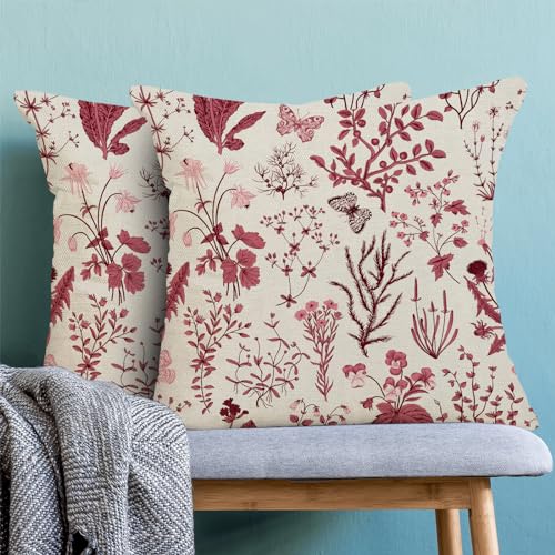 AEIOAE Christmas Pillow Covers 18x18 Inch Set of 2Burgundy Red Wild Flower Plant Throw Pillows CaseSeasonal Floral Outdoor Decorative Square Linen Farmhouse Decor Cushion Covers for Home Sofa bed Couch - Image 3